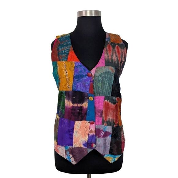 Vintage Jackets & Blazers - VTG L 80s 90s Silk Patchwork Vest Boho Hippy Festival Blossom Art Renfair Pirate